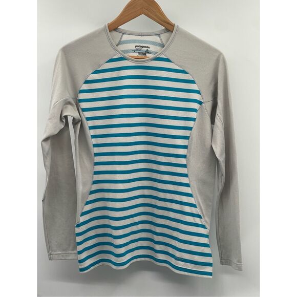 Patagonia Shirt Capilene 3 Midweight Baselayer Women Medium Aqua Blue Stripe - Picture 1 of 10